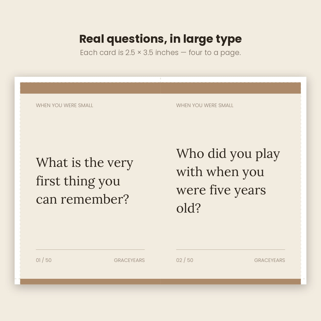 Close-up of two conversation cards with questions printed in large type