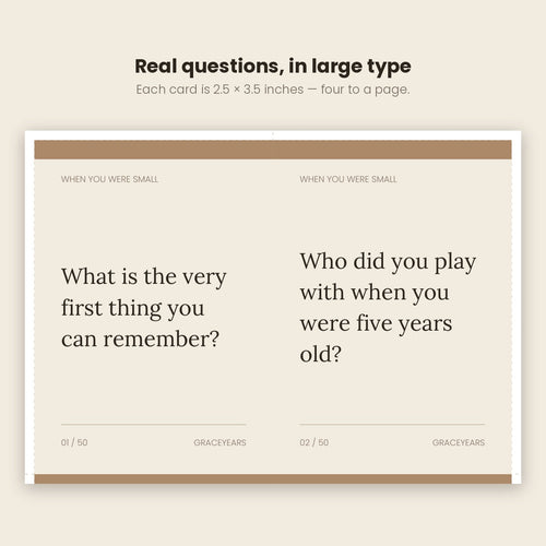 Close-up of two conversation cards with questions printed in large type