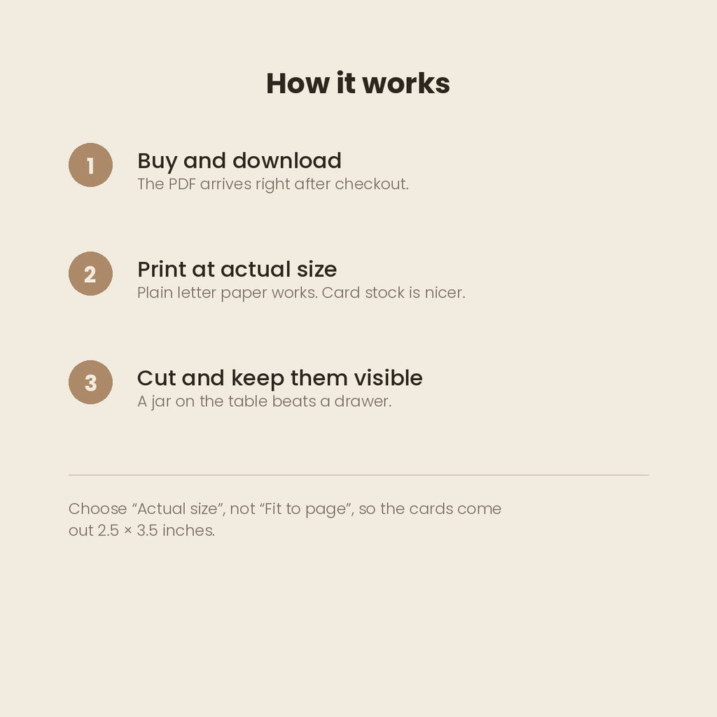 How it works: buy and download, print at actual size, cut and keep them visible