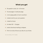 What you get: 50 cards, 13 card pages, a guide, a blank card and a jar label