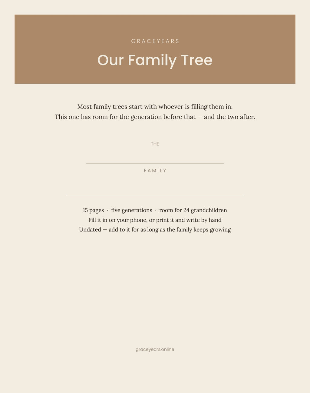 Cover page of Our Family Tree printable, with a line to write your family name