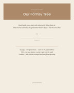 Cover page of Our Family Tree printable, with a line to write your family name