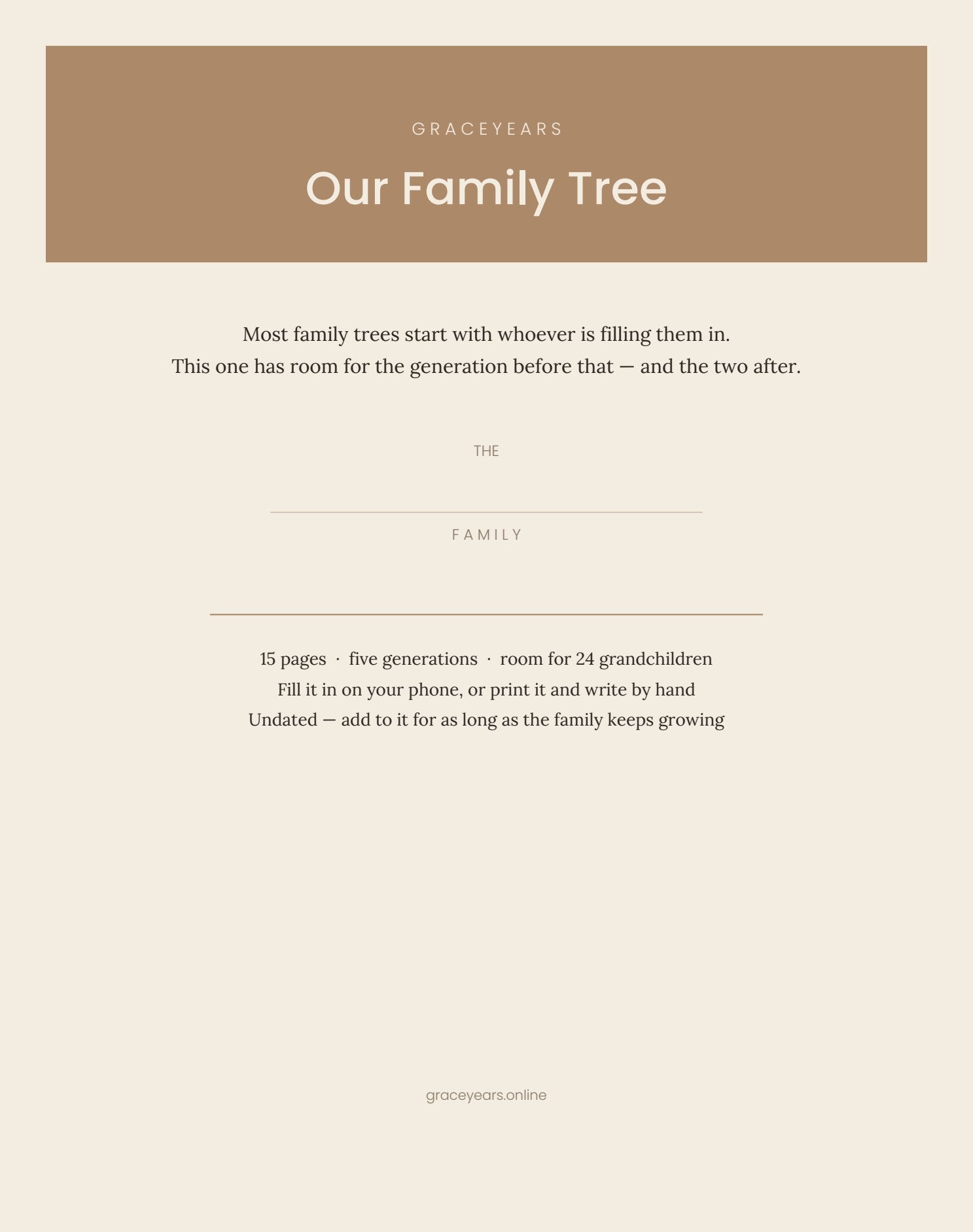Cover page of Our Family Tree printable, with a line to write your family name