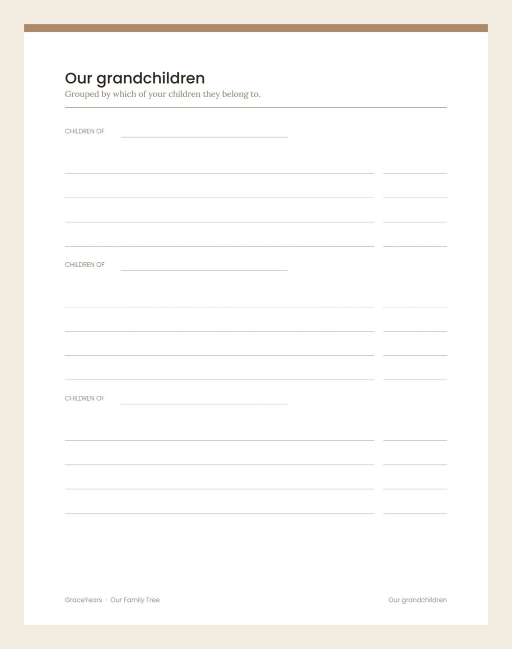 The grandchildren page, grouped under whichever of your children they belong to