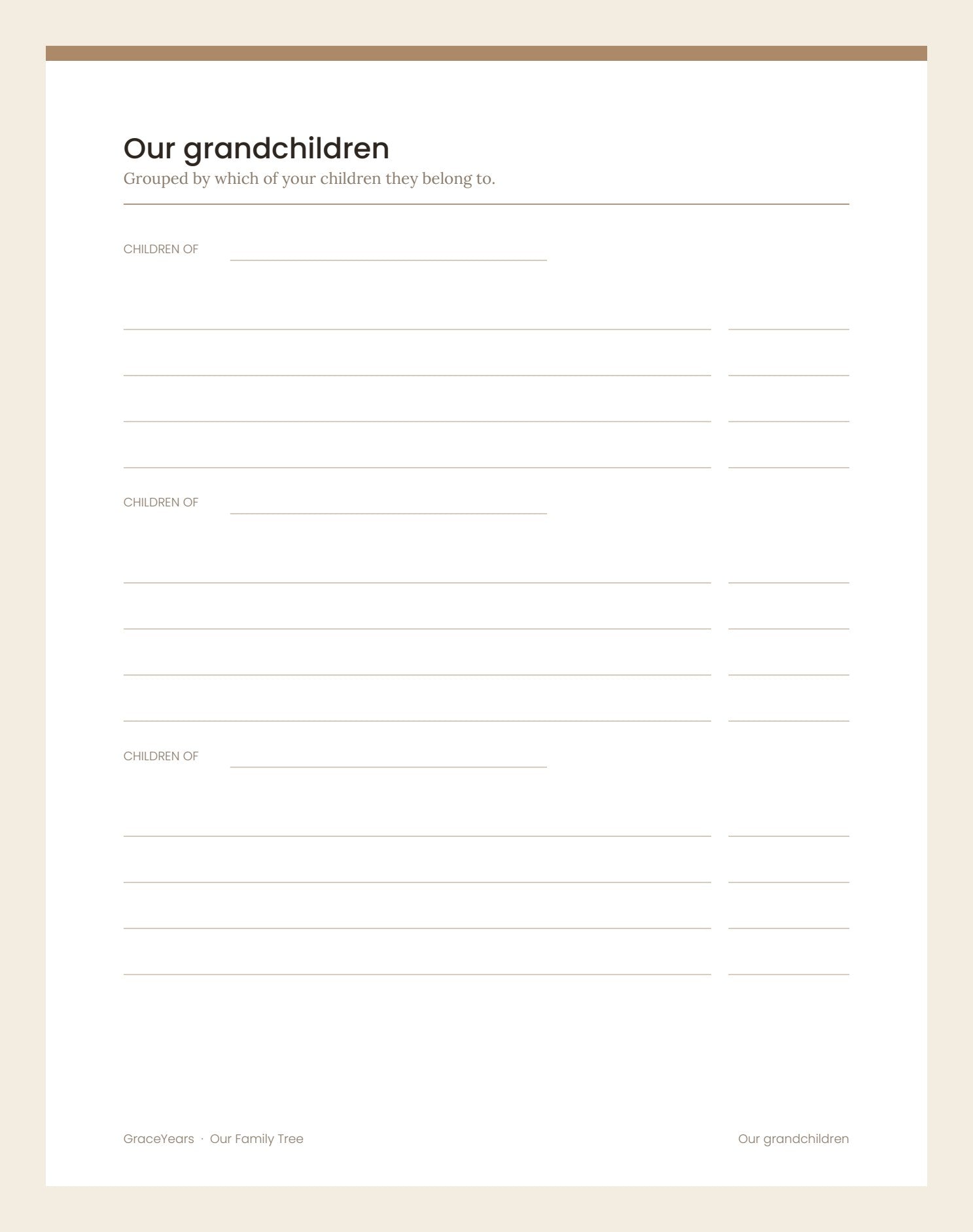 The grandchildren page, grouped under whichever of your children they belong to