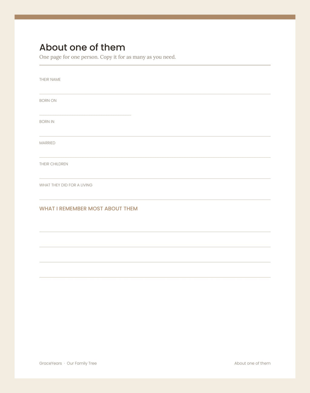 A one-page profile for a single person: born when and where, and what you remember most