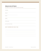 A one-page profile for a single person: born when and where, and what you remember most