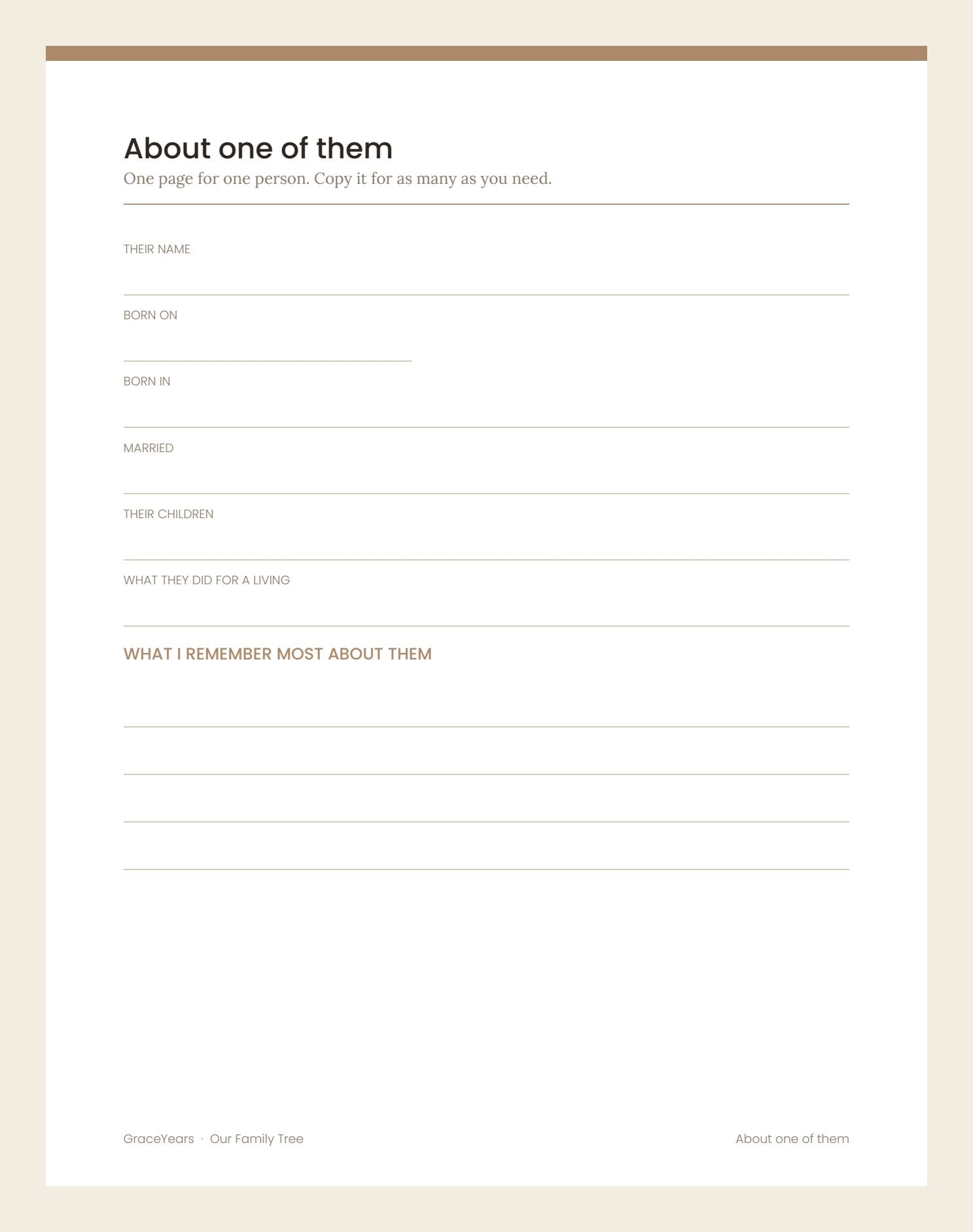 A one-page profile for a single person: born when and where, and what you remember most