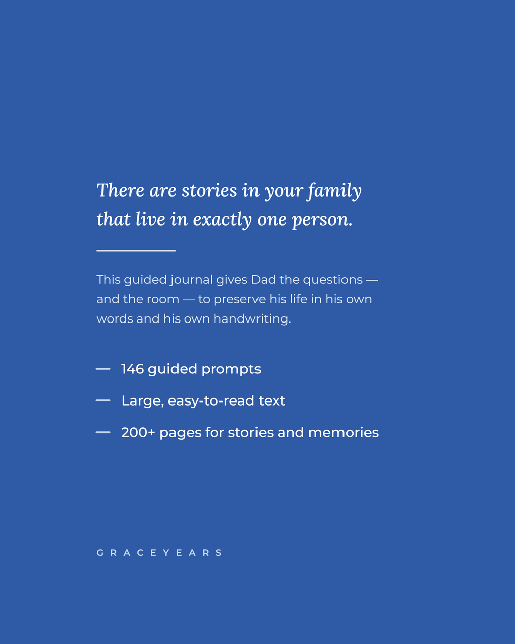 Back cover of the Dad guided journal - 146 guided prompts, large easy-to-read text, 200+ pages