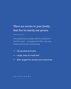 Back cover of the Dad guided journal - 146 guided prompts, large easy-to-read text, 200+ pages