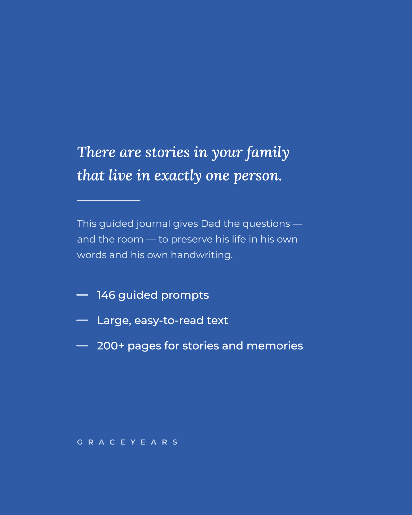 Back cover of the Dad guided journal - 146 guided prompts, large easy-to-read text, 200+ pages