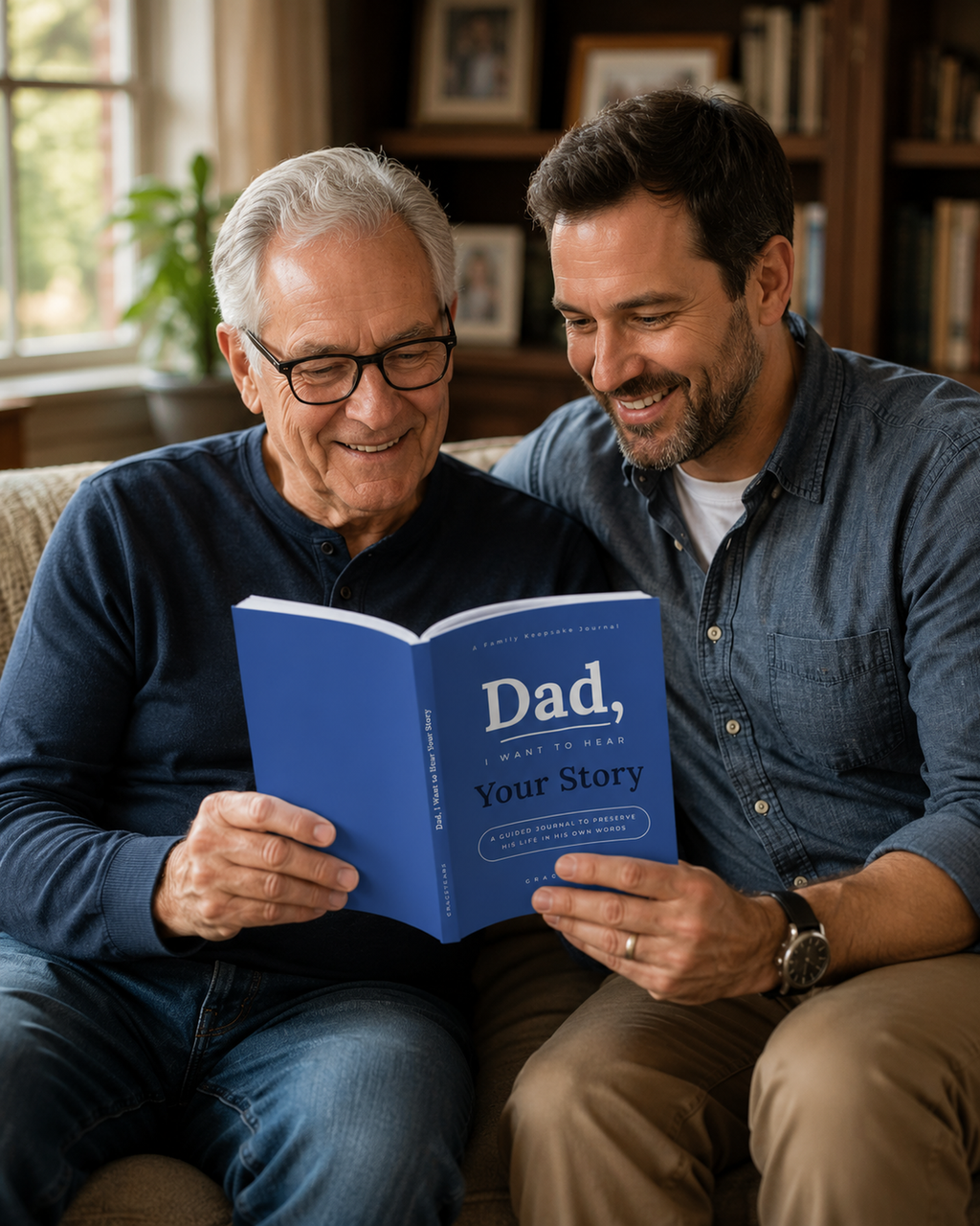 Father and adult son reading the Dad guided memory journal together on a sofa