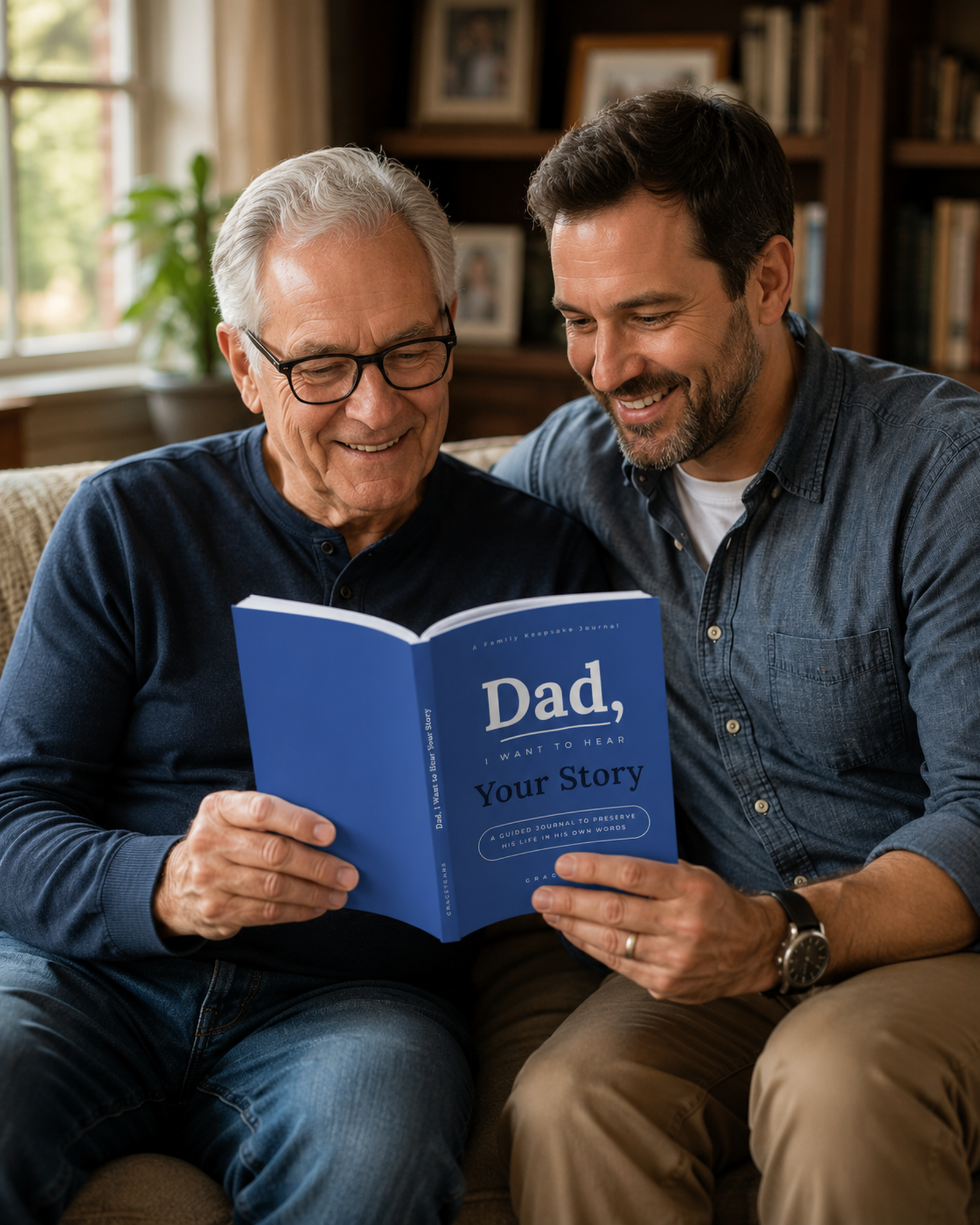 Father and adult son reading the Dad guided memory journal together on a sofa