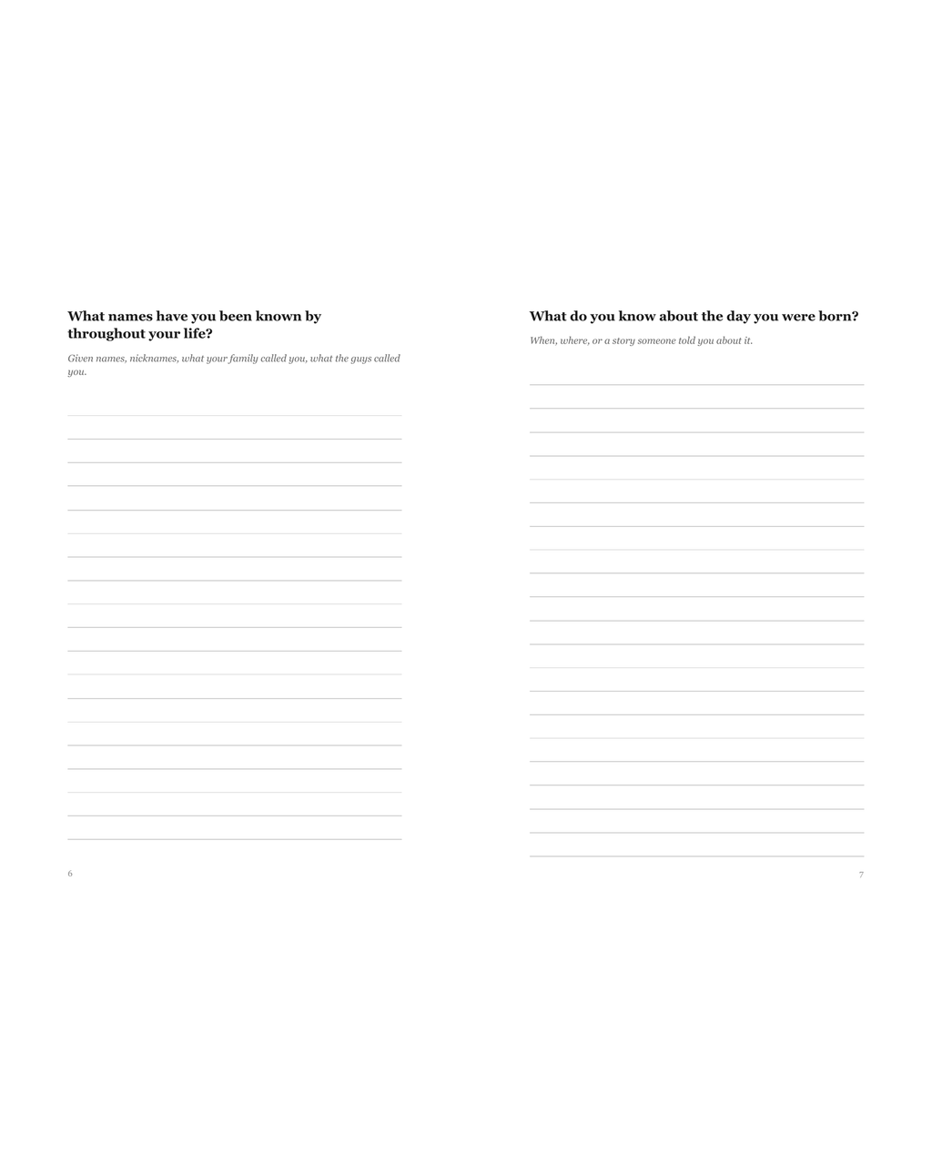Inside pages of the Dad journal showing large 13-14pt prompts and wide writing lines