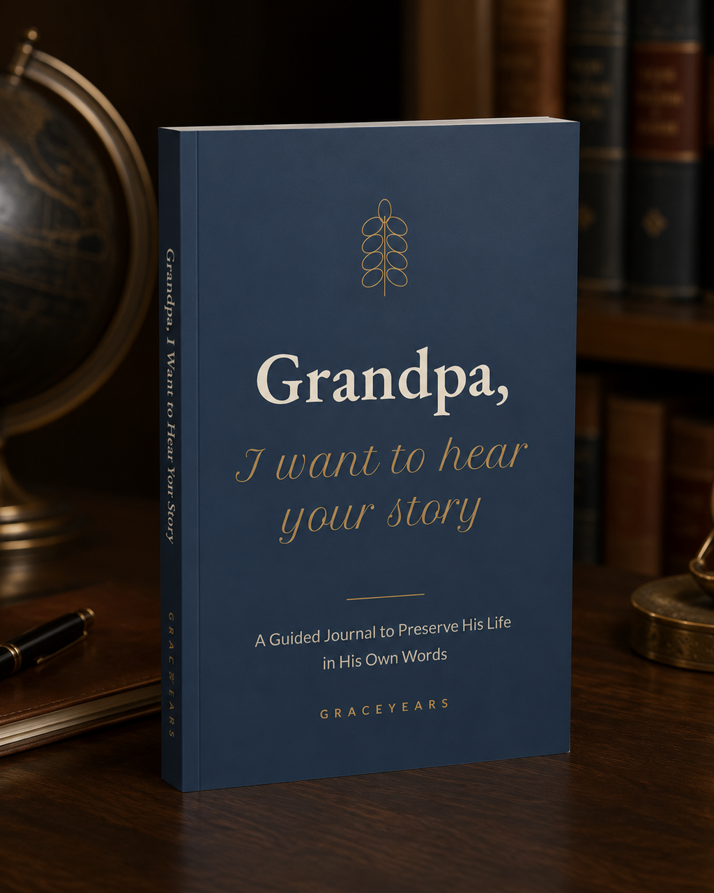 Grandpa, I Want to Hear Your Story guided journal standing on a wooden desk, navy softcover with gold lettering