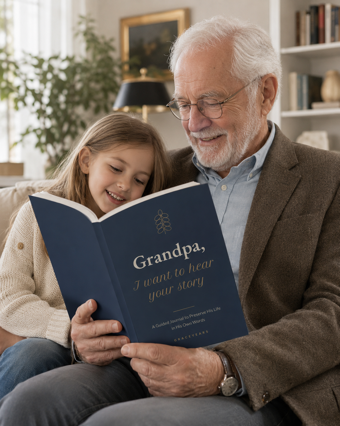 Grandfather and granddaughter reading the Grandpa guided memory journal together on a sofa