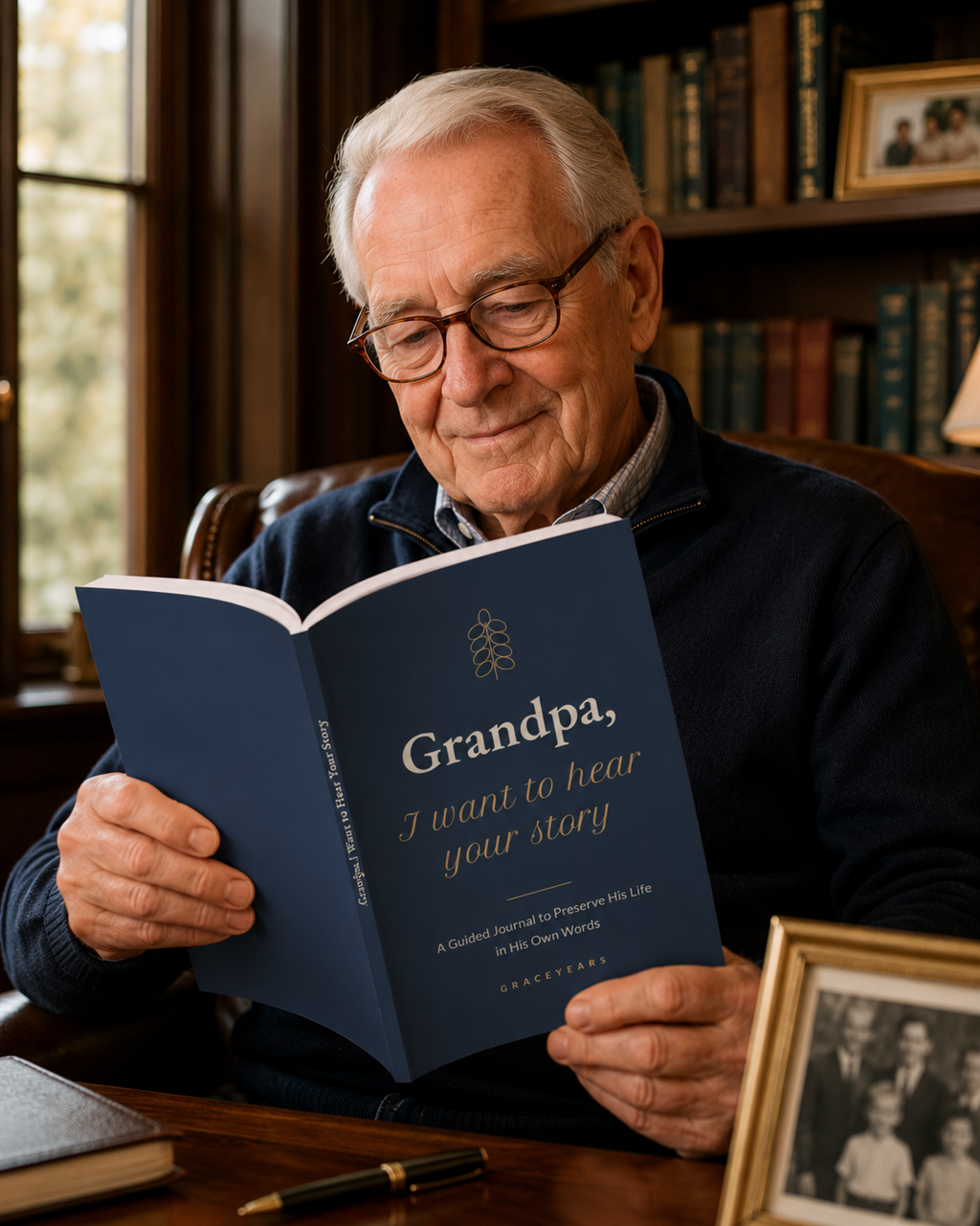 Older man reading the Grandpa, I Want to Hear Your Story journal in his study