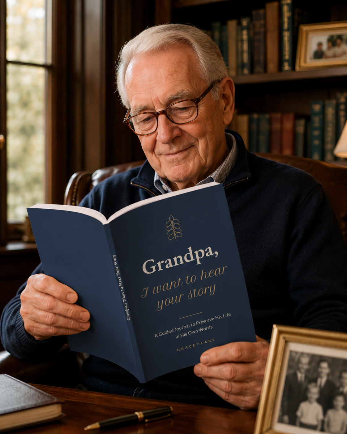Older man reading the Grandpa, I Want to Hear Your Story journal in his study