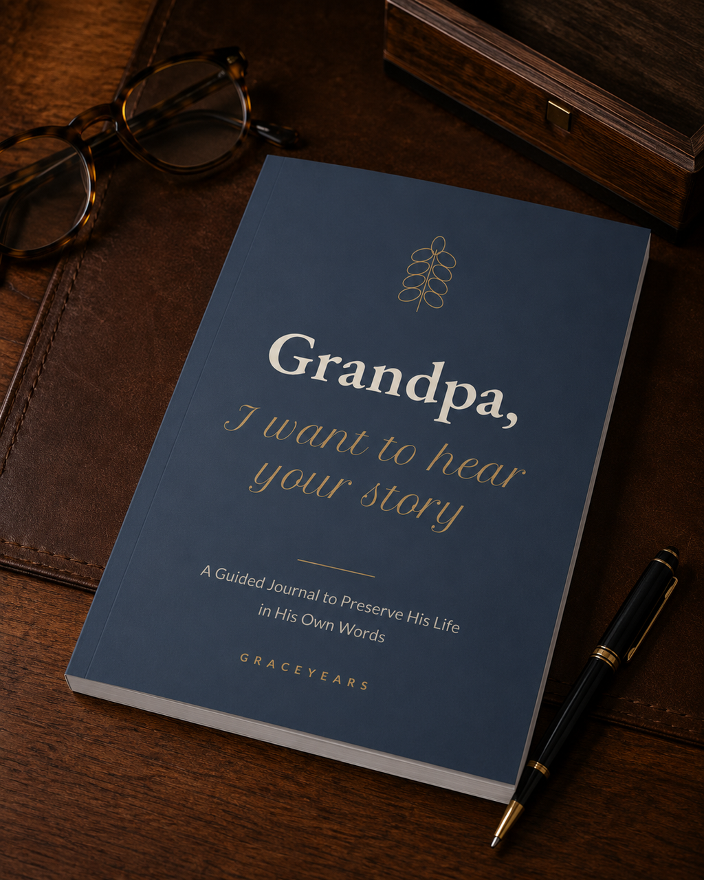 Grandpa guided journal on a desk with reading glasses and a pen, gift presentation