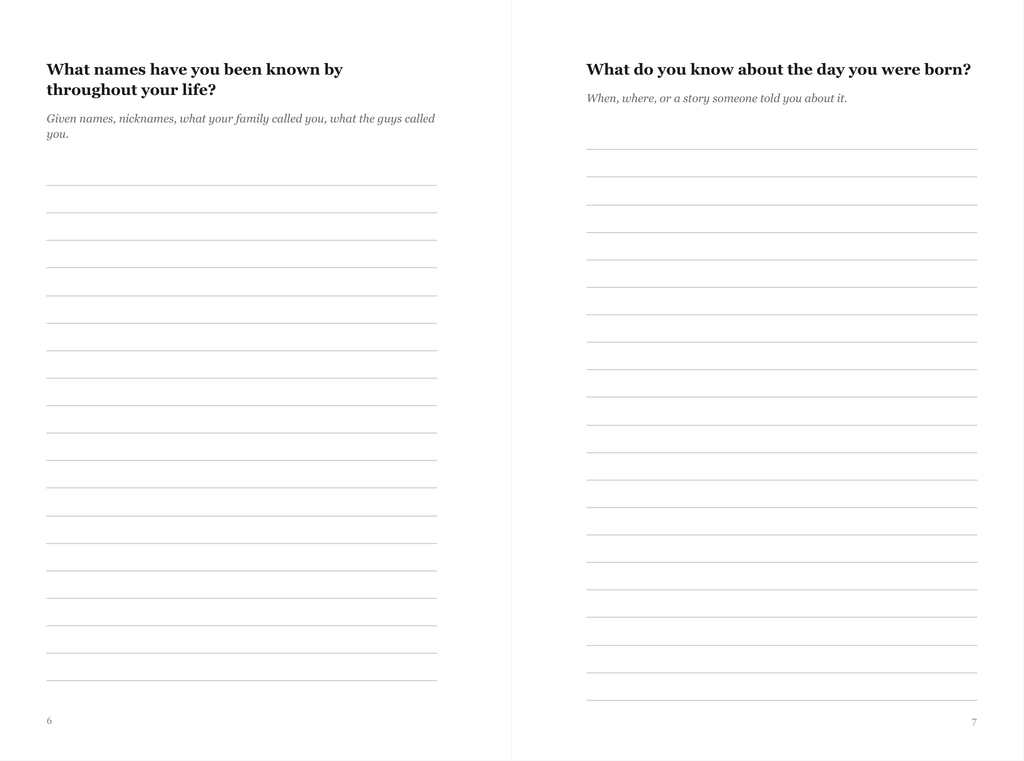 Inside pages of the Grandpa journal showing large 13-14pt prompts and wide writing lines