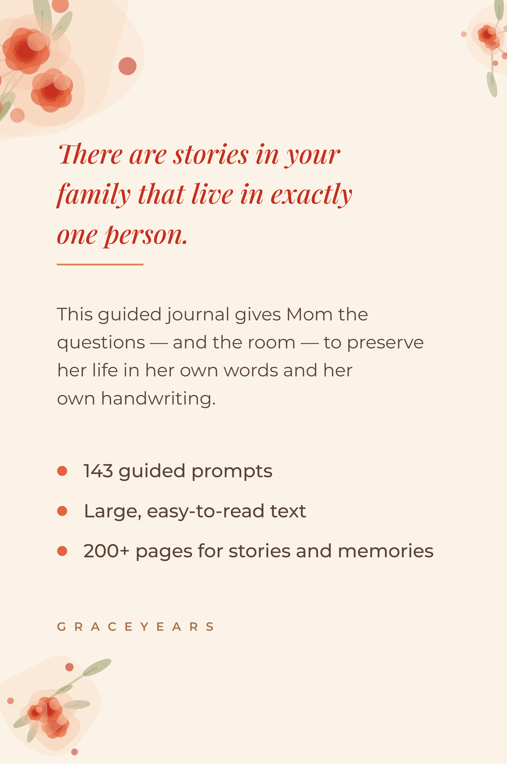Back cover of the Mom guided journal - 143 guided prompts, large easy-to-read text, 200+ pages
