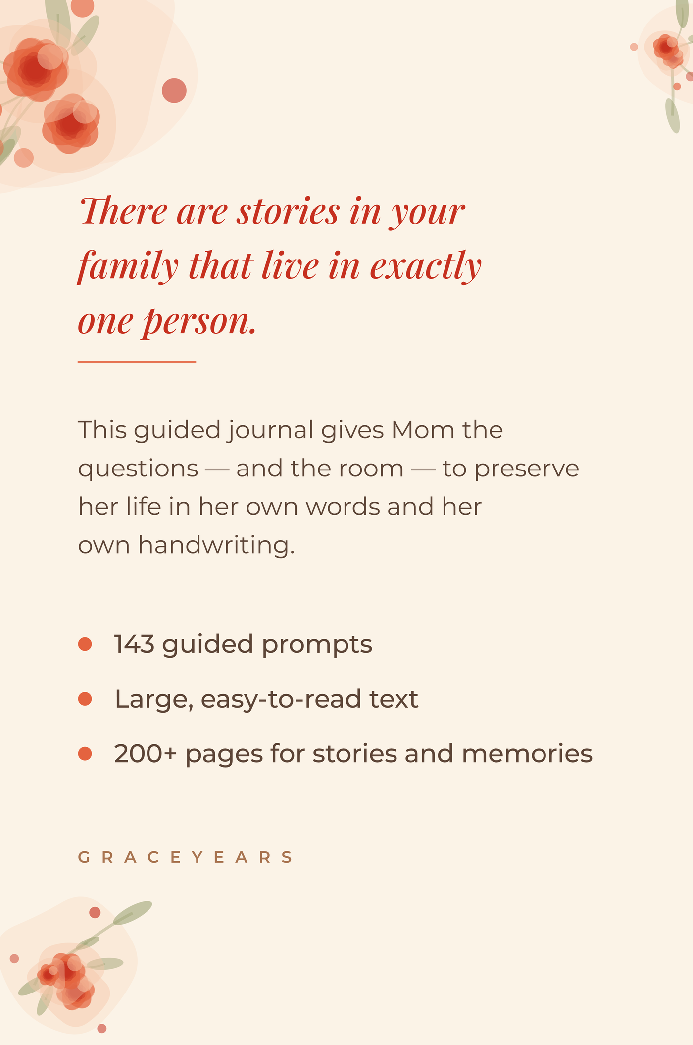 Back cover of the Mom guided journal - 143 guided prompts, large easy-to-read text, 200+ pages