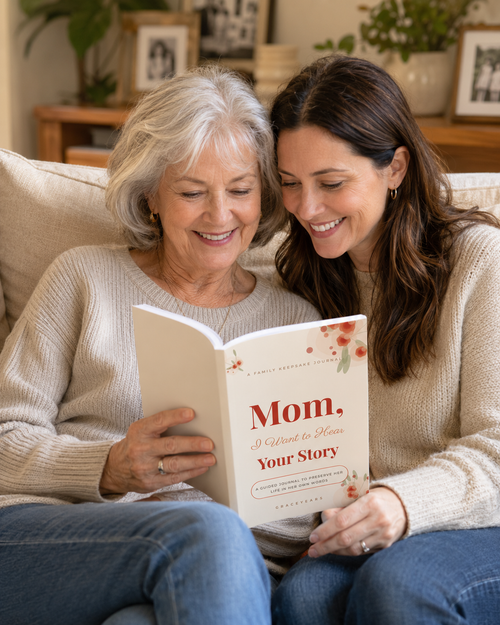 Mother and adult daughter reading the Mom guided memory journal together on a sofa