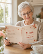 Older woman at her kitchen table holding the Mom, I Want to Hear Your Story journal open to show the front and back cover