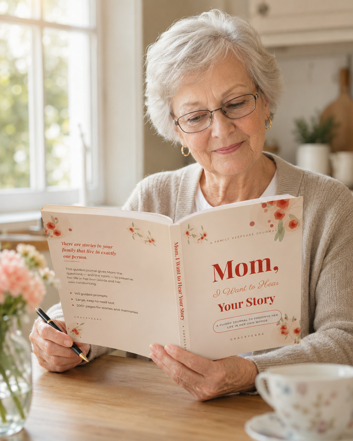 Older woman writing in the Mom guided journal at her kitchen table with a cup of tea