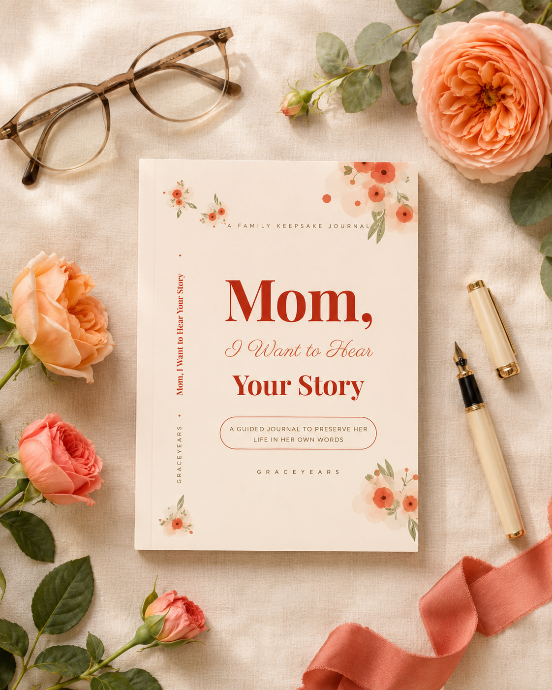 Flat lay of the Mom guided journal with reading glasses, fountain pen and coral roses
