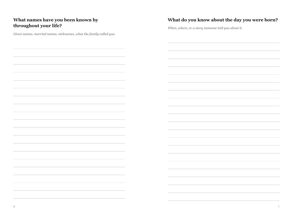 Inside pages of the Mom journal showing large 13-14pt prompts and wide writing lines