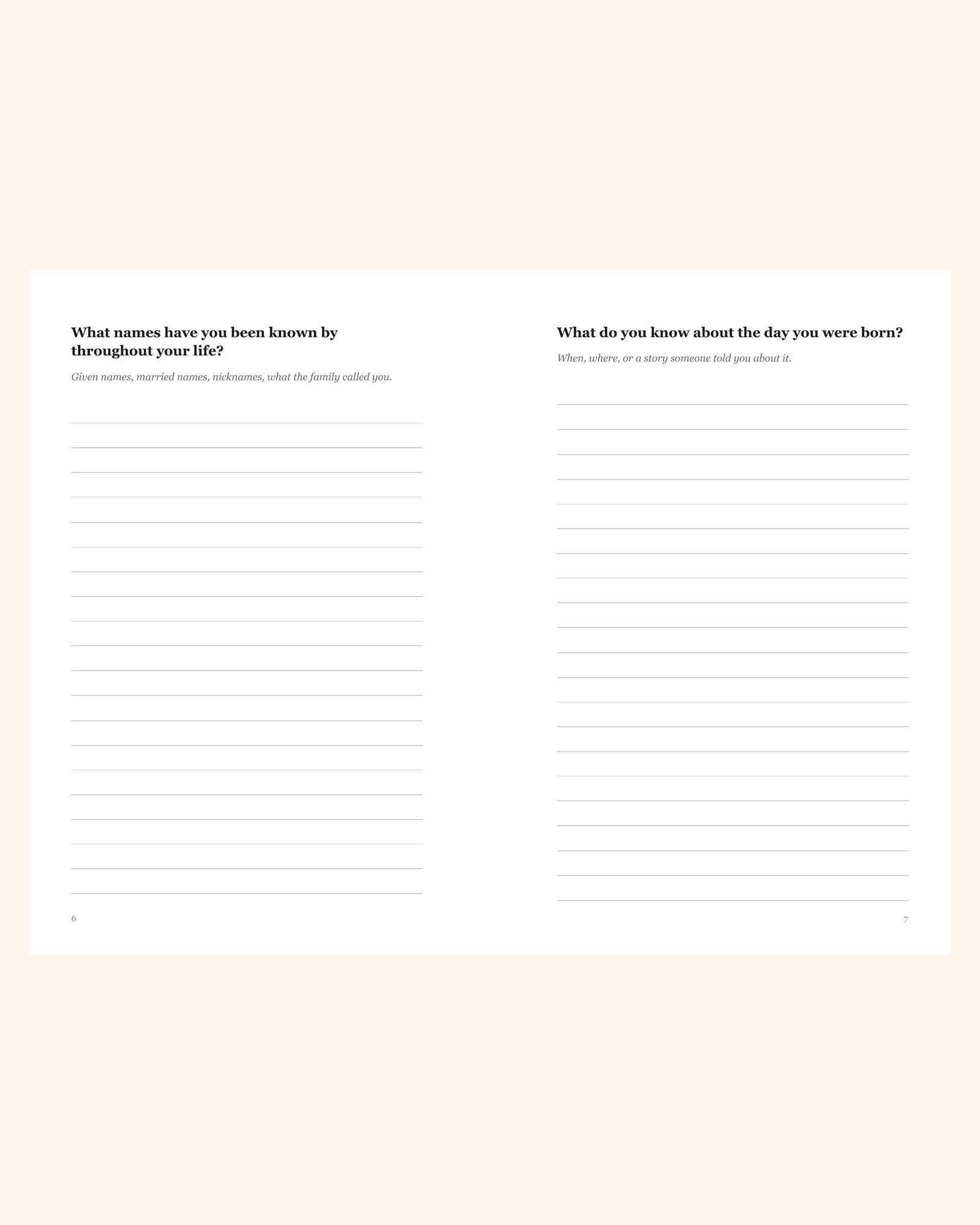 Inside pages of the Mom journal showing large 13-14pt prompts and wide writing lines
