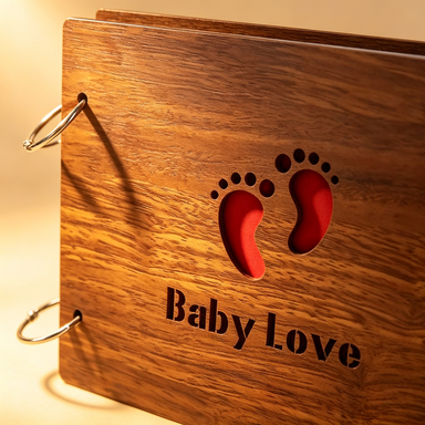 Close-up of wooden baby memory journal showing rich wood grain and carved footprint design