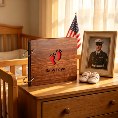 Military wife holding newborn baby and Baby Love memory journal in nursery rocking chair