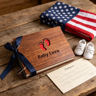 Baby Love memory journal as gift with navy ribbon next to folded American flag and baby shoes