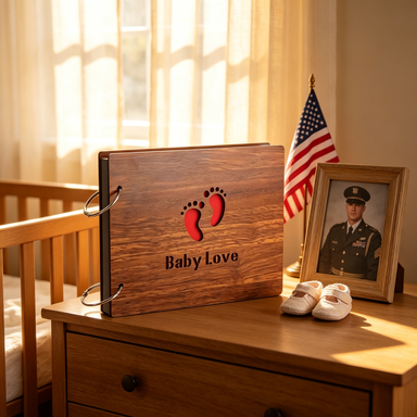 Daddy Deployed Baby Born memory journal on nursery dresser with morning light and American flag