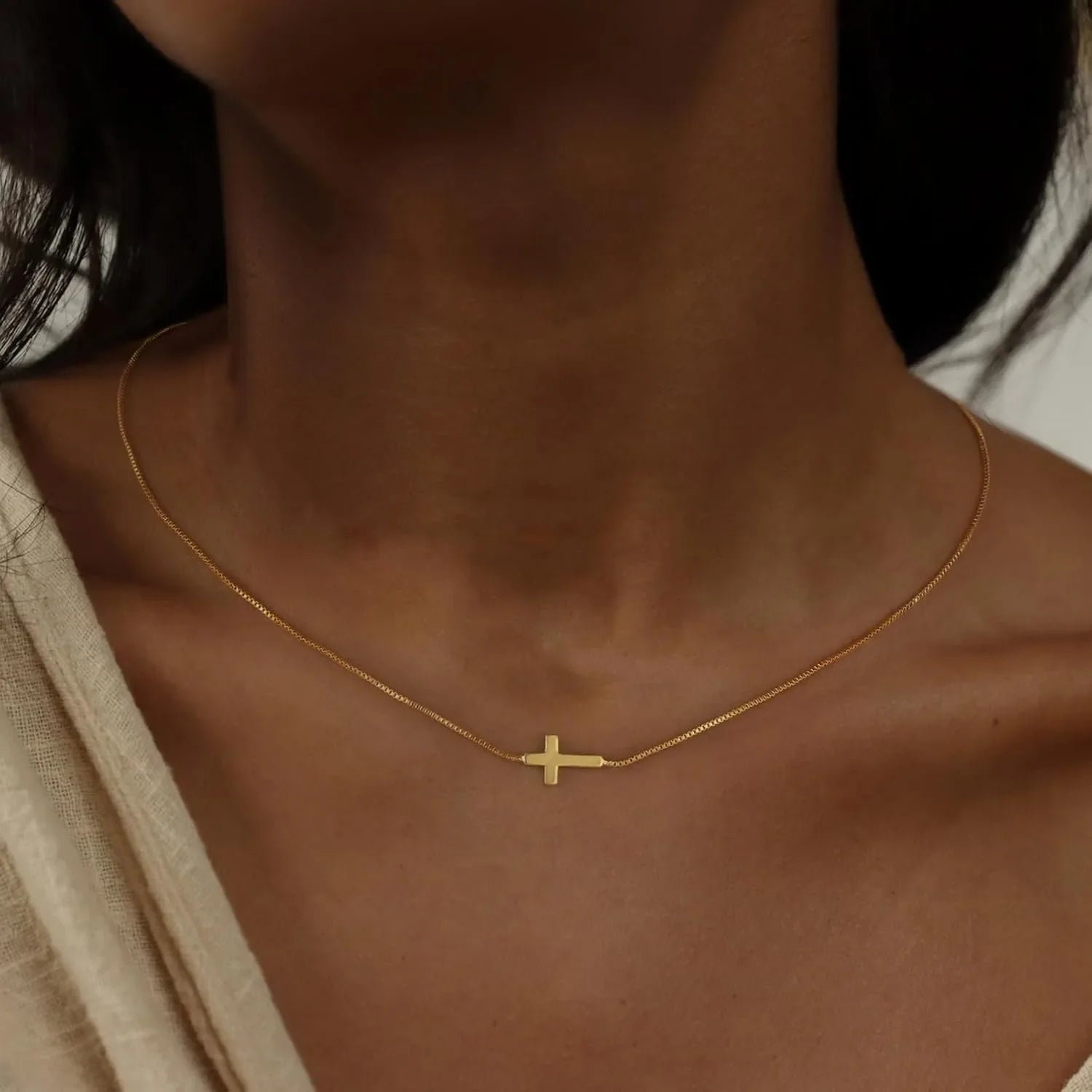 Faith Over Fear Gold Cross Necklace - worn