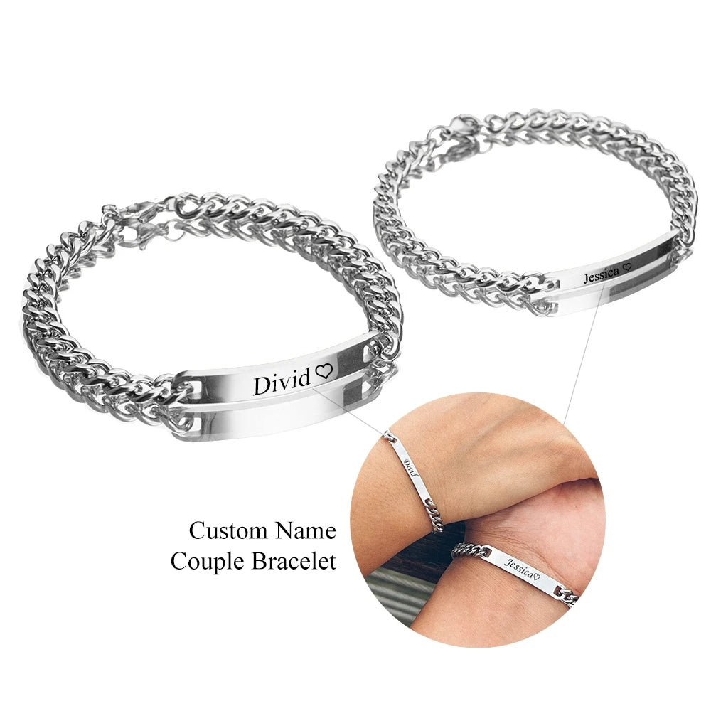 Matching couple engraved bracelet set his and hers