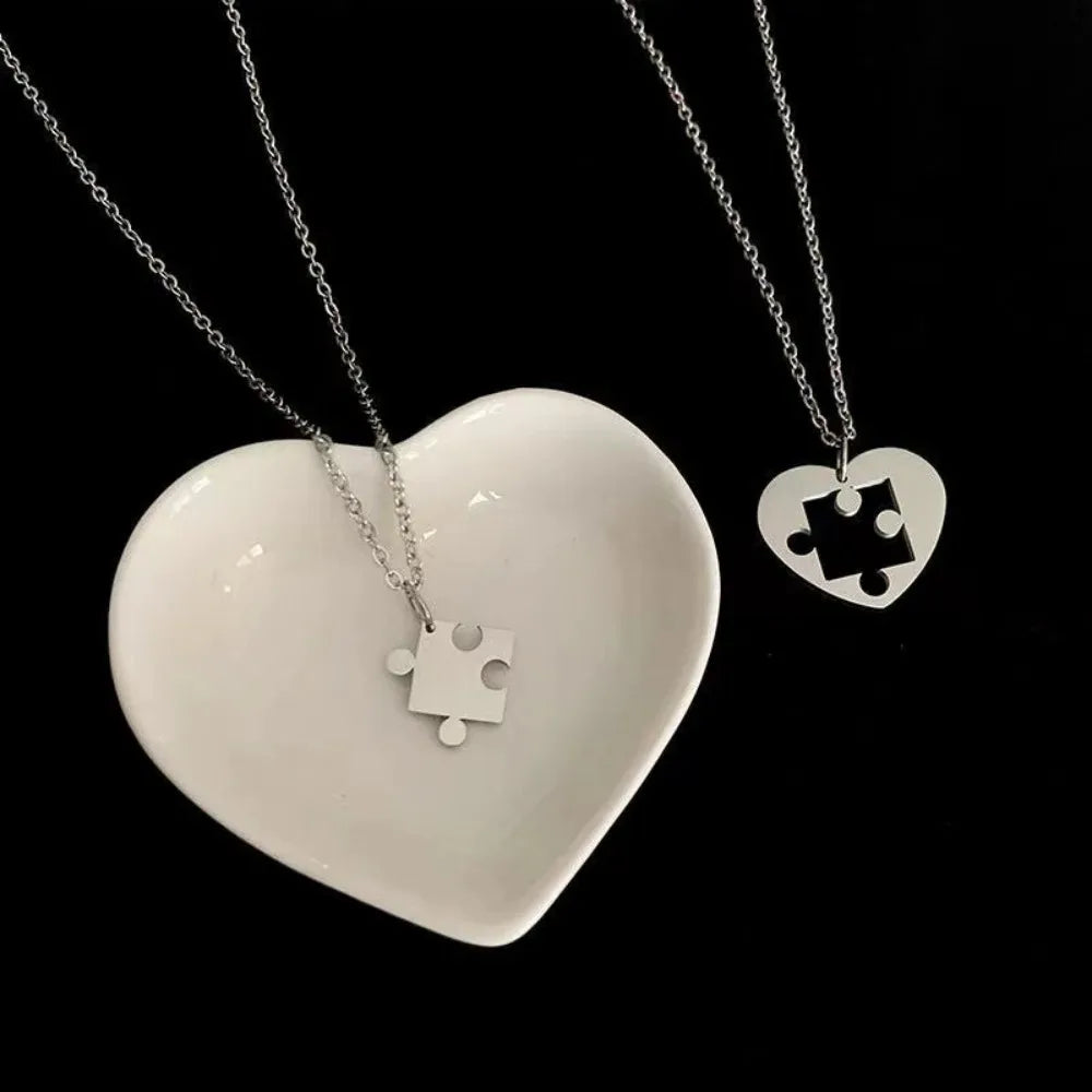 Two piece puzzle heart necklace couple siblings friendship jewelry