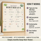 How it works: type your two title lines, add one person per line, anniversaries work too, see it before you buy. Fits 3 to 30 names, up to 7 in one month, names up to 19 letters. Empty months keep their flower.