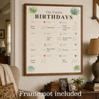 The Family Birthday Wall print framed on a living room wall above a console table. Frame not included.