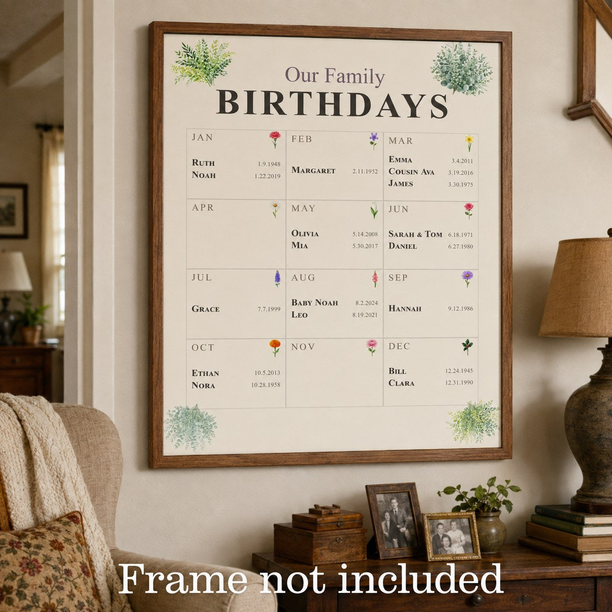 The Family Birthday Wall print framed on a living room wall above a console table. Frame not included.