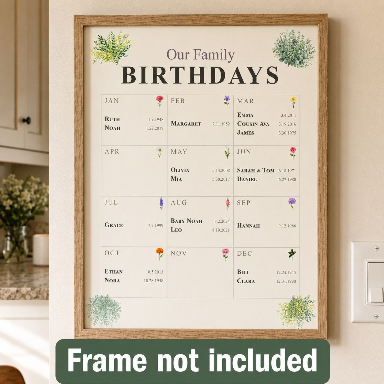 The Family Birthday Wall print framed on a kitchen wall. Frame not included.