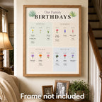 The Family Birthday Wall print by season framed on a hallway wall beside a staircase. Frame not included.
