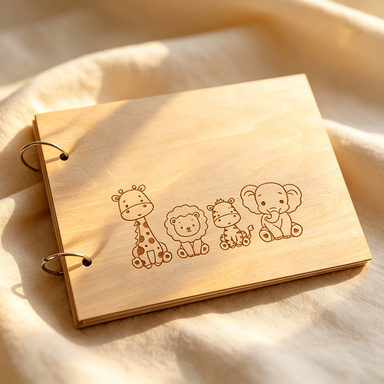 Close-up of the wood grain and etched surface of the adoption keepsake journal on cream linen