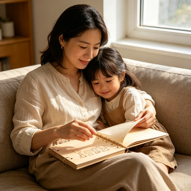 Mother opening the adoption keepsake journal with her daughter leaning on her shoulder
