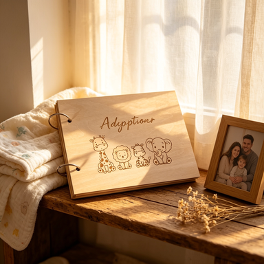 Wooden adoption keepsake journal on a rustic shelf with a baby blanket, framed photo and dried wildflowers