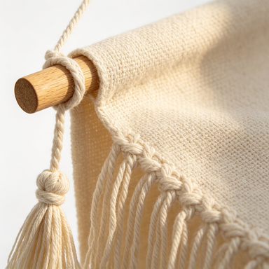Close-up of cotton canvas weave, wooden dowel and tassel fringe