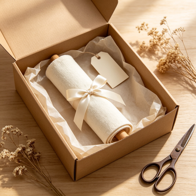 Wall banner rolled with ribbon in a kraft gift box