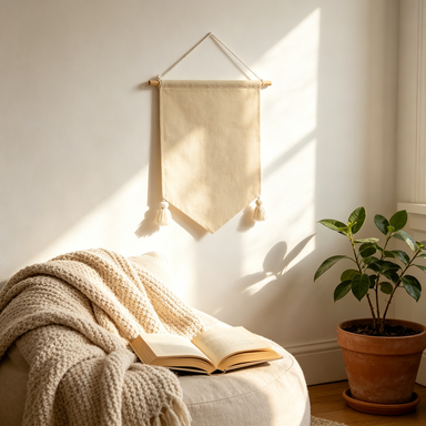 Inspirational affirmation wall banner hanging above a cozy reading nook